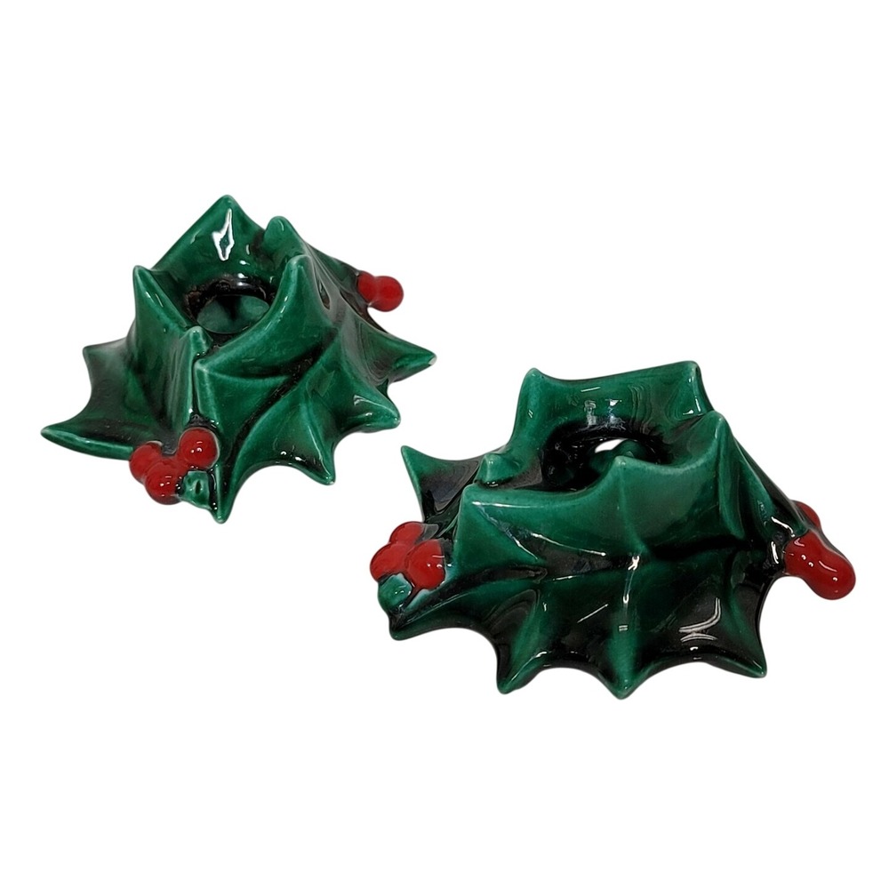 Vintage Atlantic Mold Ceramic Holly Leaf Berry Christmas Taper Candle Holder Set
